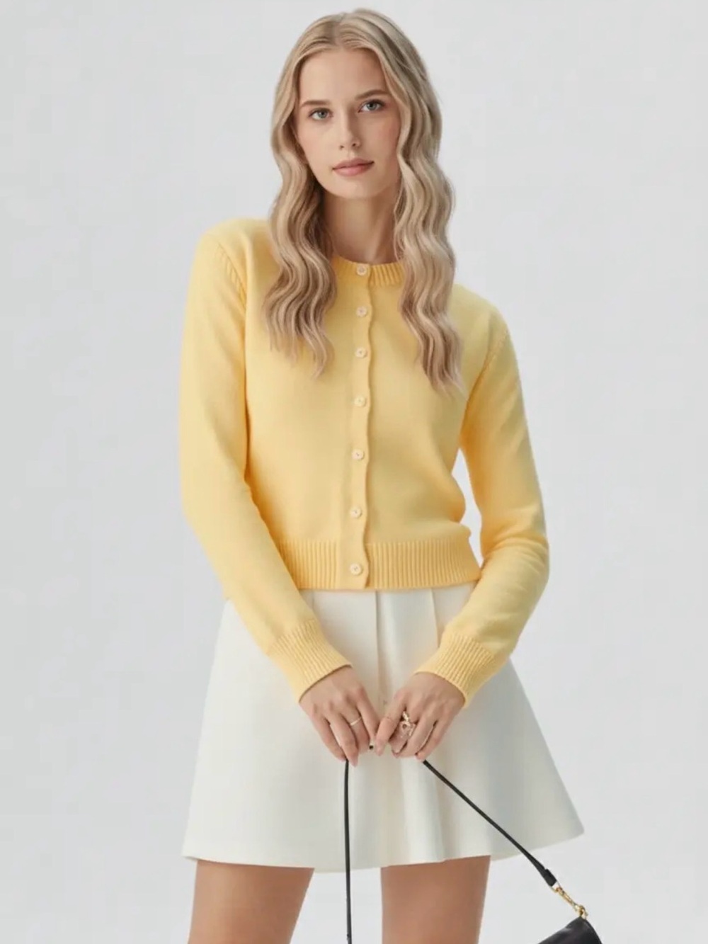 Women's Pastel Yellow Crewneck Button Cardigan-NWT